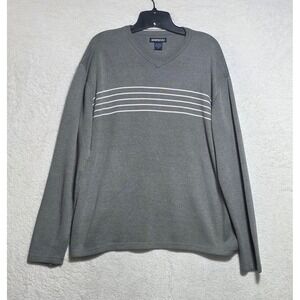Aeropostale Men's V-Neck Sweater Grey White Striped Cotton Blend Medium